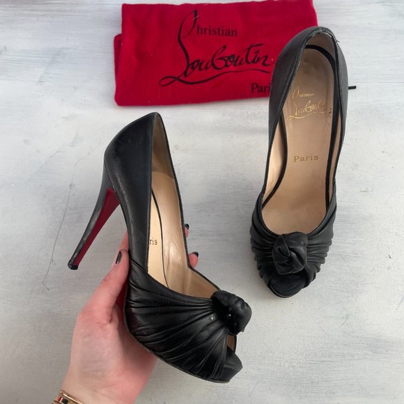 Christian Louboutin Lady Gres Platform Pumps Black Leather Peep Toe Ruched Knot - Picture 4 of 16